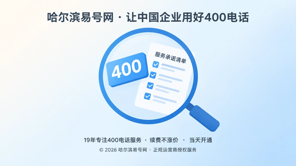 聚焦式扁平插画，放大镜聚焦400电话服务承诺清单和号码牌